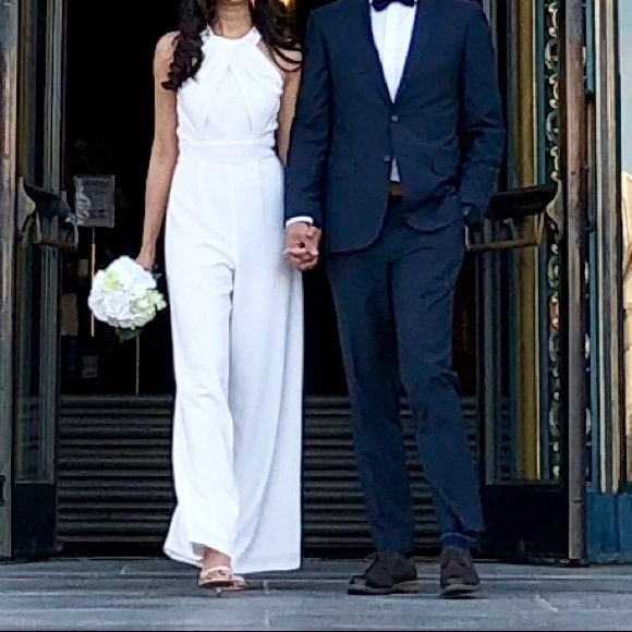 Crepe Wide-Leg Wedding Jumpsuit with Crystal Neckline - Picture 4 of 6